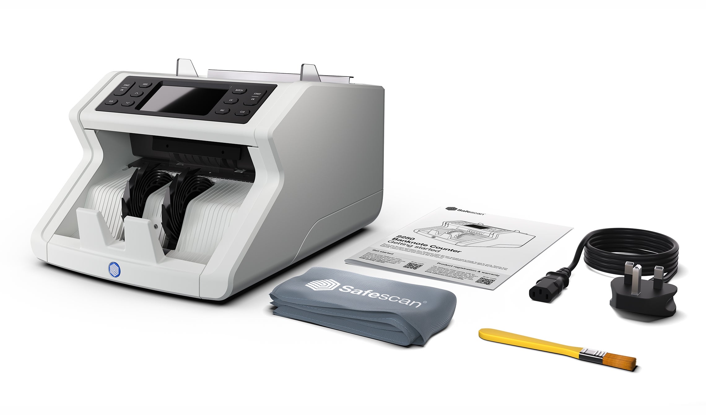 In the box: Safescan 2250, power cord, get started folder, dust cover, maintenance kit safescan-2250