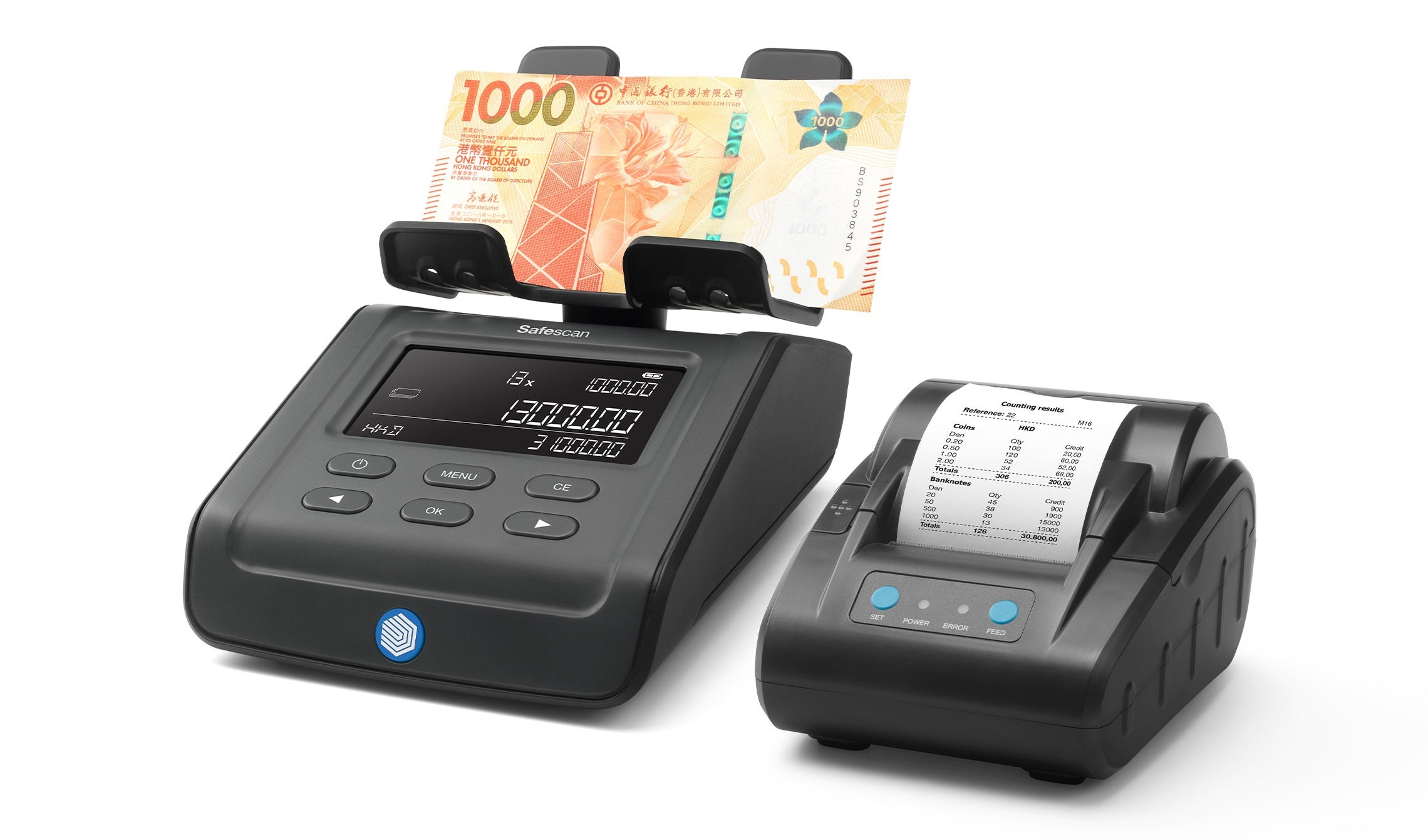可额外选购 Safescan TP-230 热敏打印机打印各面额完整点算结果 safescan-6165