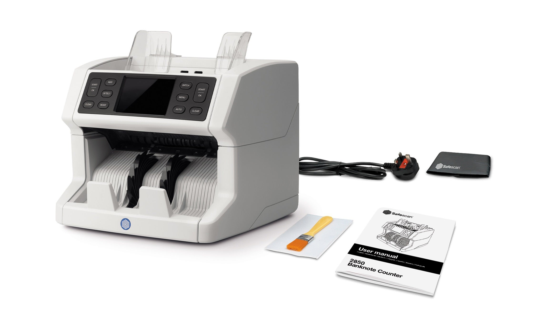 In the box: Safescan 2850, power adapter, user manual, dust cover, maintenance kit safescan-2850-banknote-counter