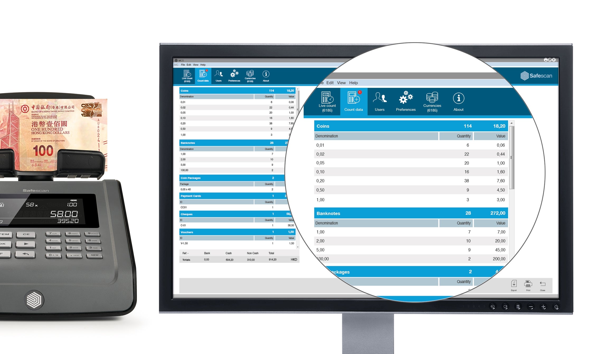 Upload counting results from the Safescan 6165/6185 to your PC safescan-mcs