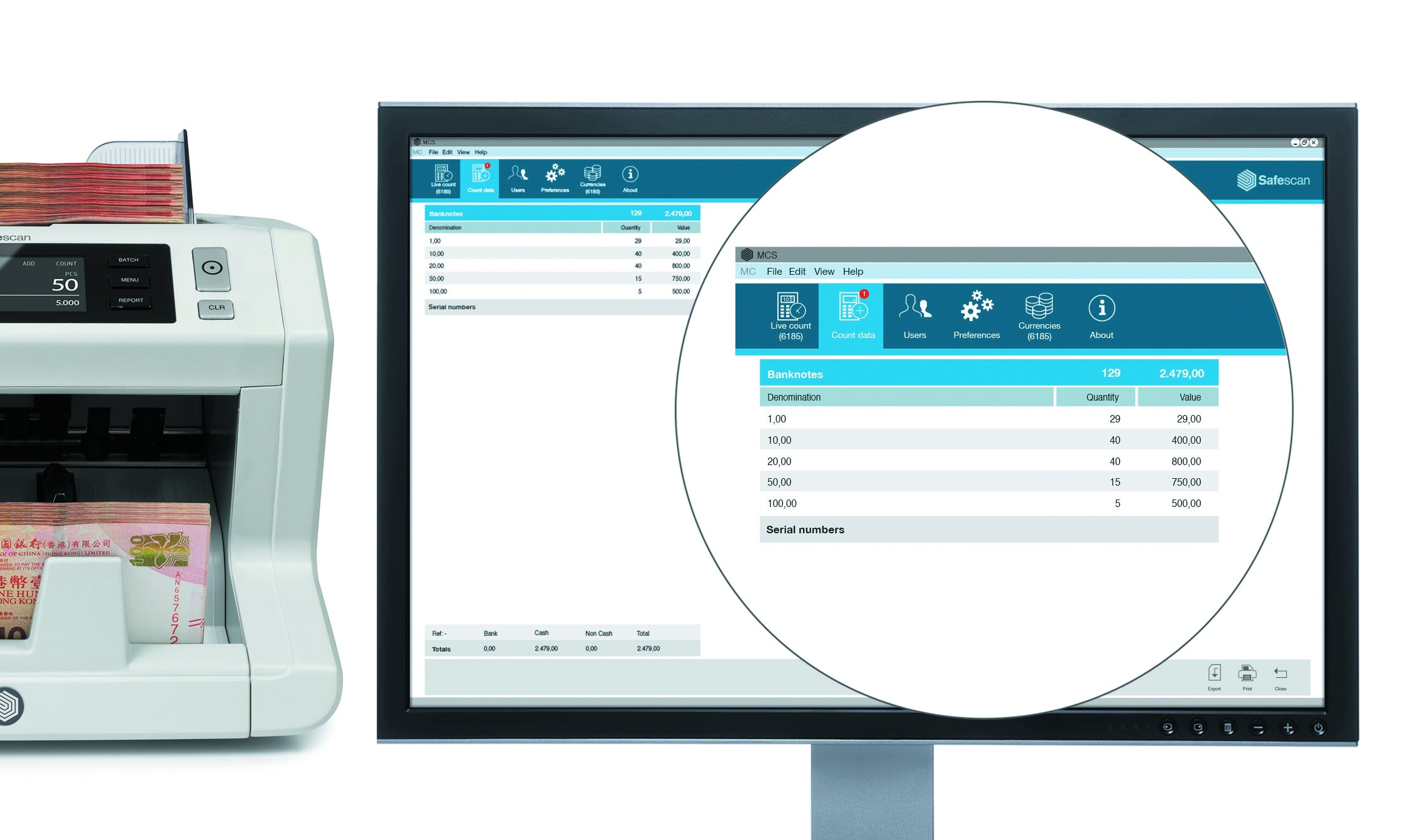 将点算结果由Safescan 2685-S, 2865-S, 2885-S 上载至计算机 safescan-mcs