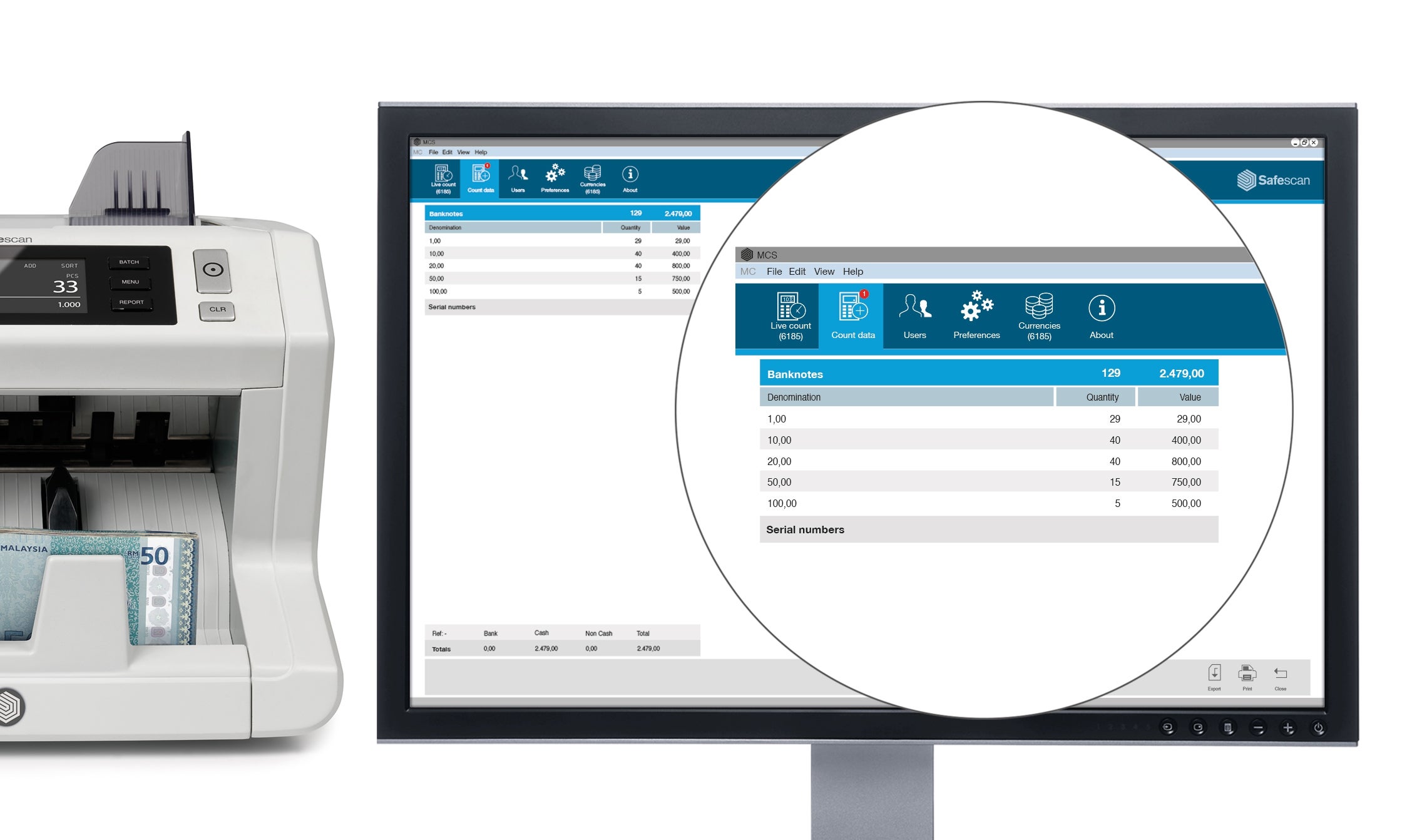 Upload counting results from the Safescan 2685-S, 2865-S, 2885-S to your PC safescan-mcs