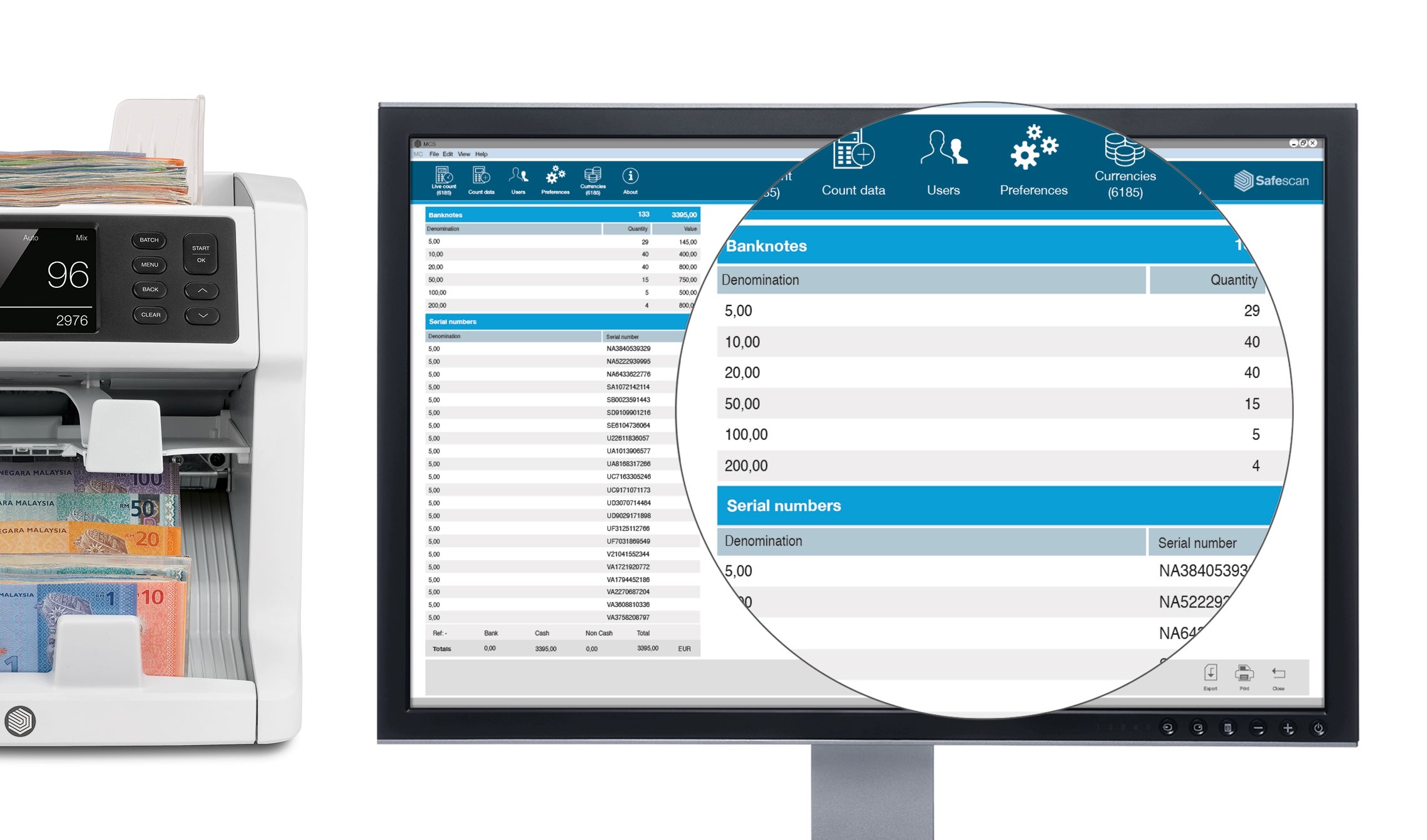 Upload counting results from the Safescan 2985-SX or 2995-SX to your PC safescan-mcs